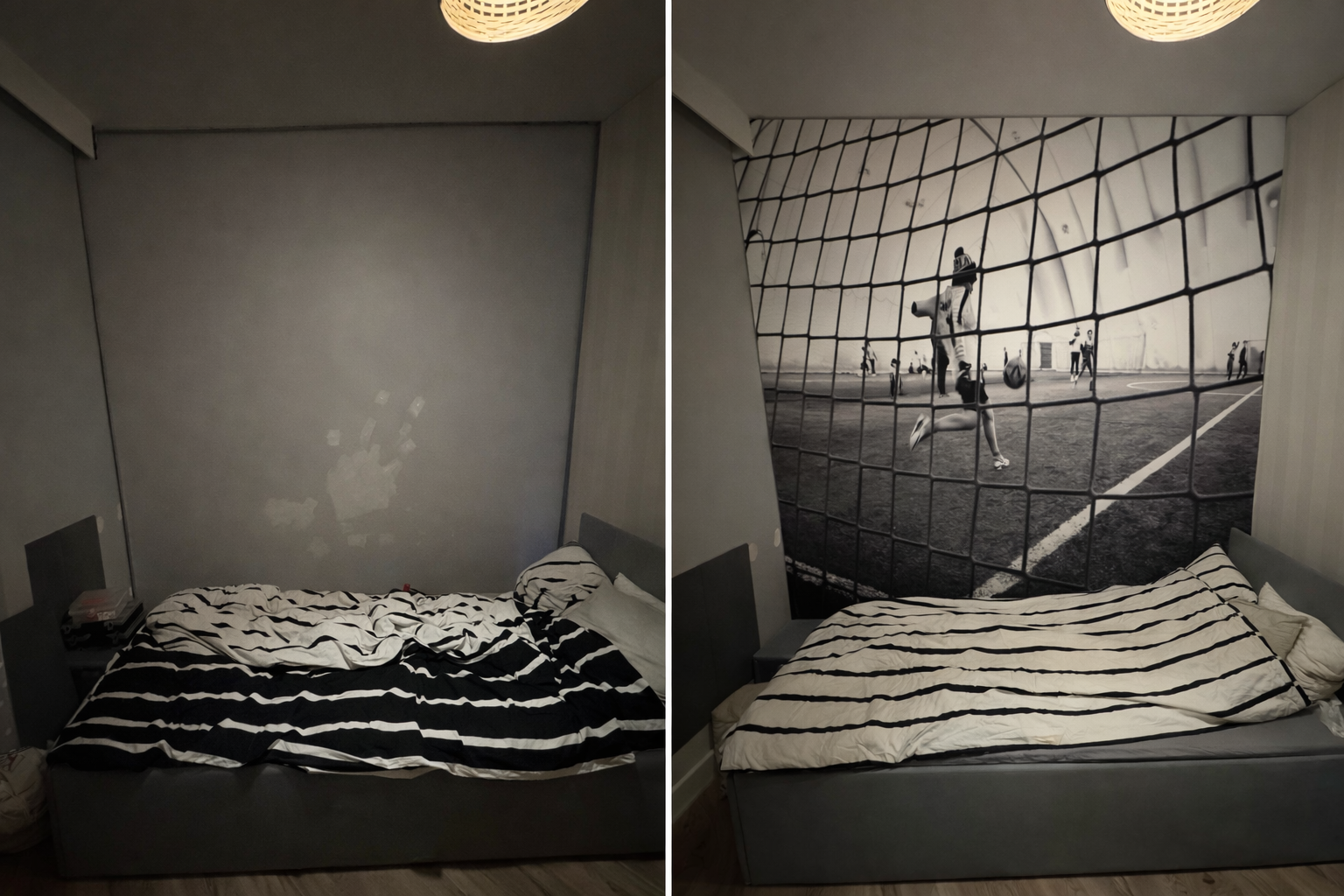 Przemiana garażu z panelami tekstylnymi - przed i po