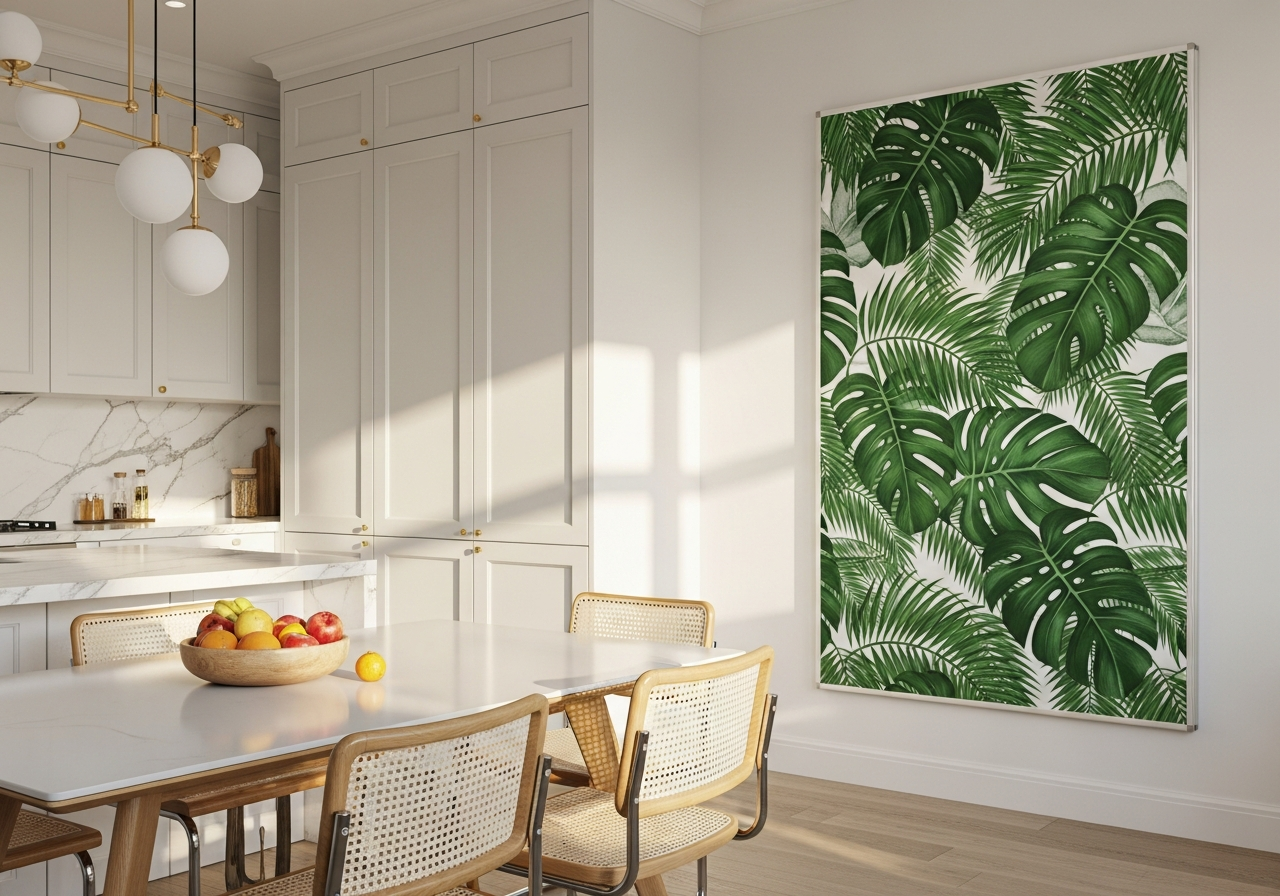 Jadalnia z botaniczną tapetą tekstylną