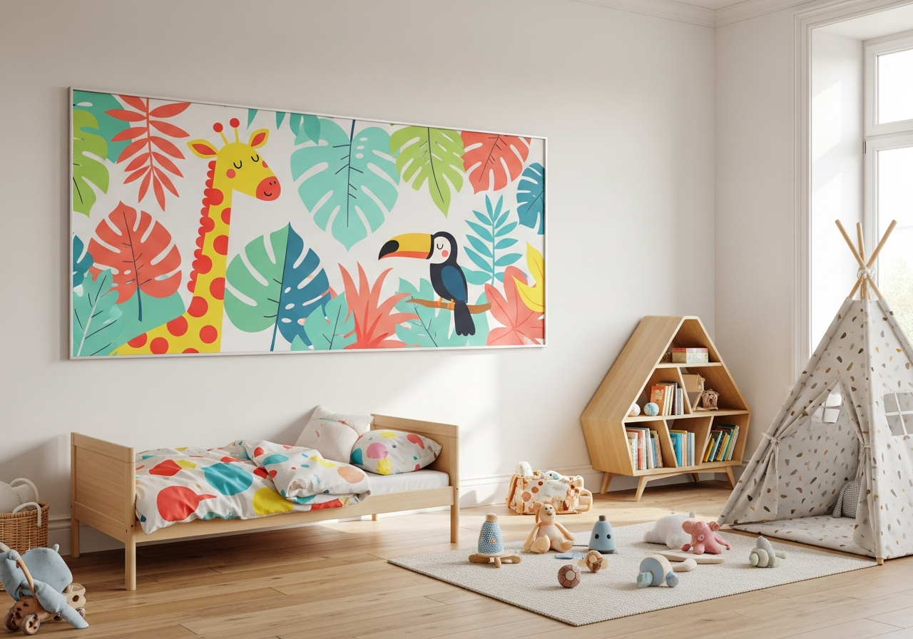 Pokój dziecięcy z kolorową tapetą dżungla