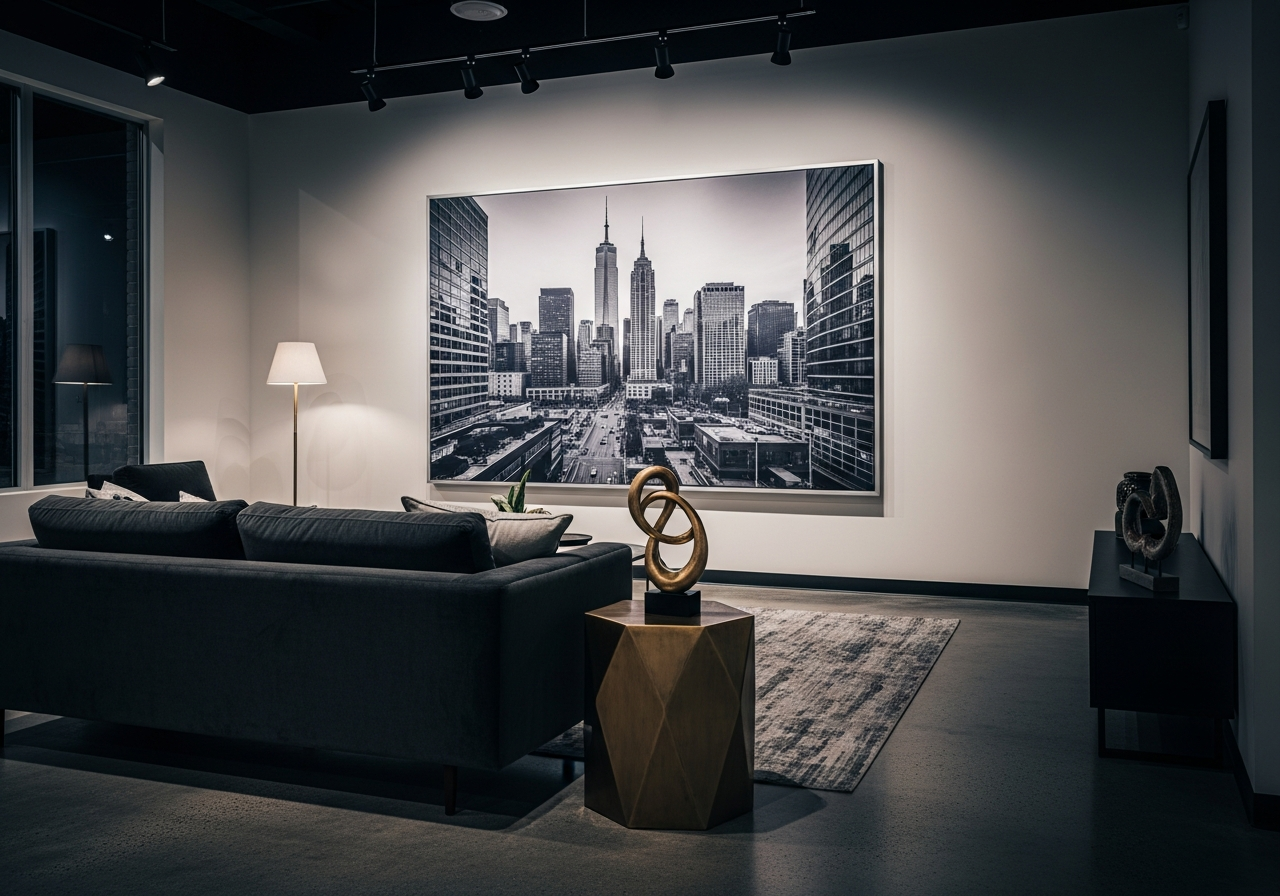 Salon w stylu loft z tapetą tekstylną