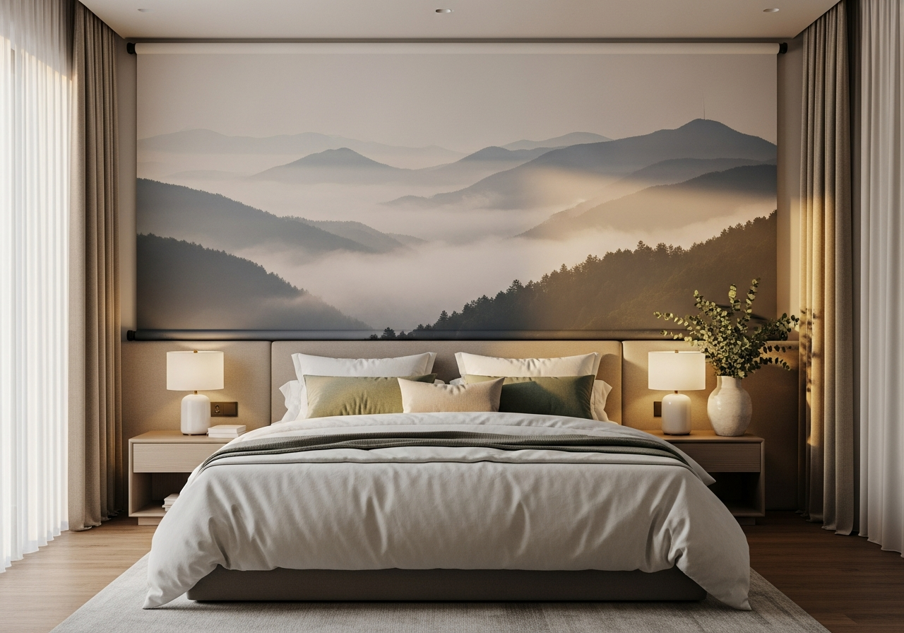 Sypialnia z tapetą tekstylną górski krajobraz